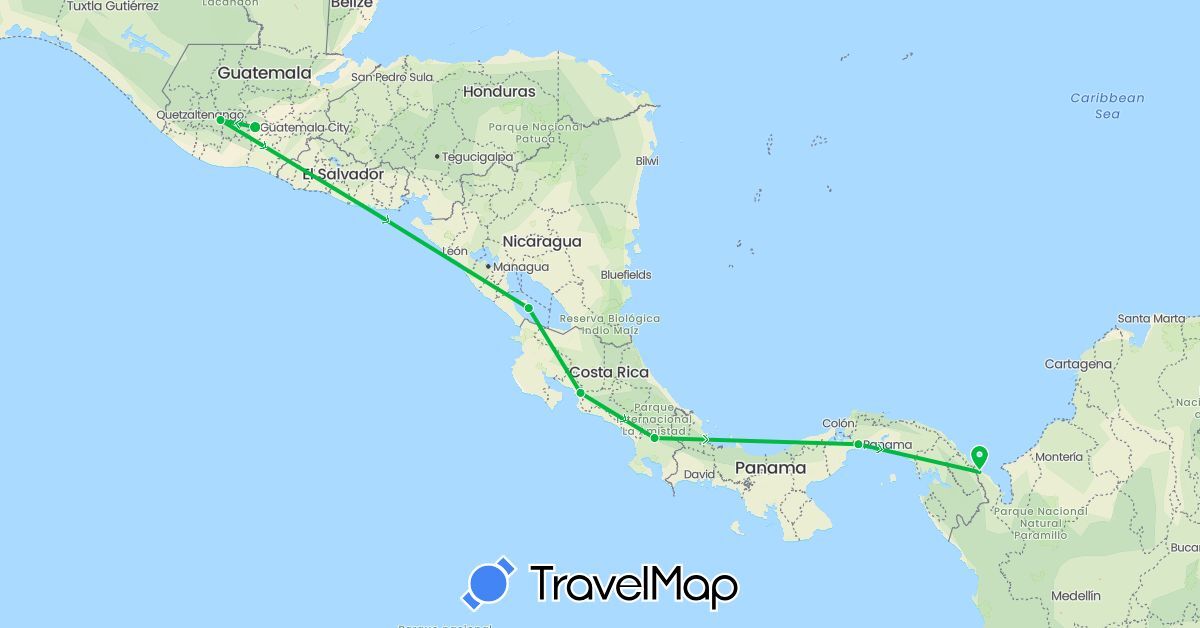TravelMap itinerary: driving, bus in Colombia, Costa Rica, Guatemala, Nicaragua, Panama (North America, South America)